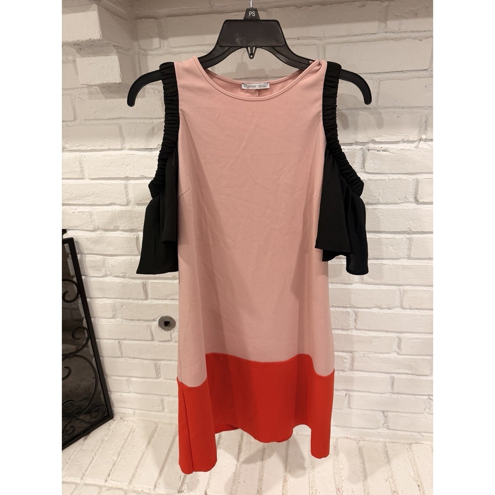 Zara Womens M Pink Red Black Colorblock Cold Shoulder Ruffle Shift Dress
